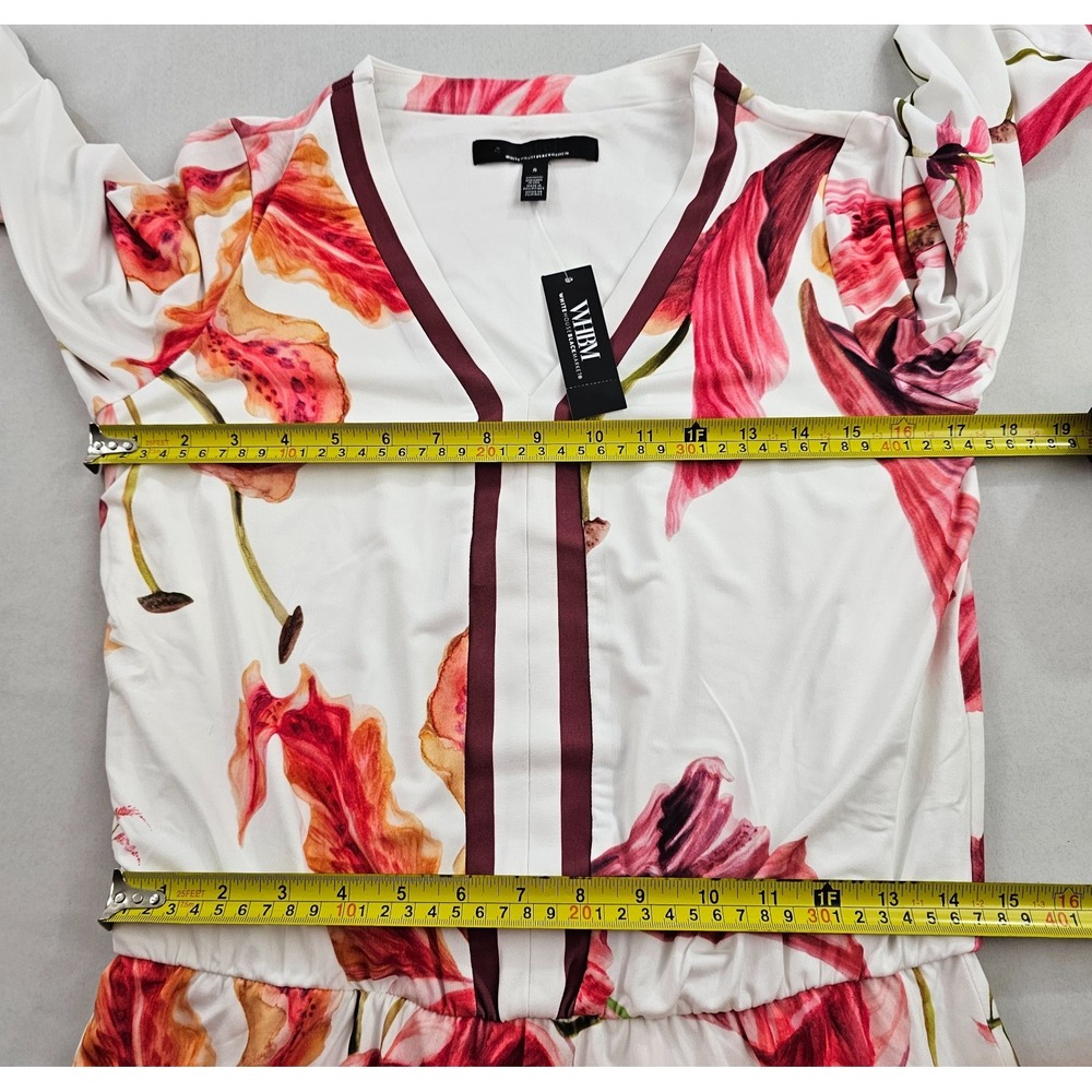 White House Black Market WHBM Floral V-Neck Tie Waist Mini Dress Red White S - Picture 8 of 13